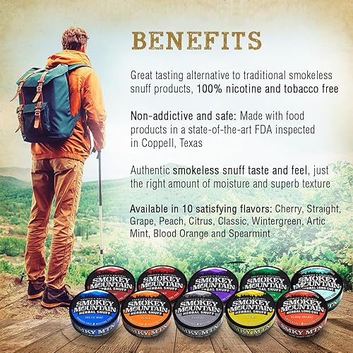Miniatura 4 de Smokey Mountain Herbal Long Cut – 5 Can Sampler Box - Straight, Classic, Wintergreen, Arctic Mint & Cherry - Tobacco Free and Nicotine Free Snuff