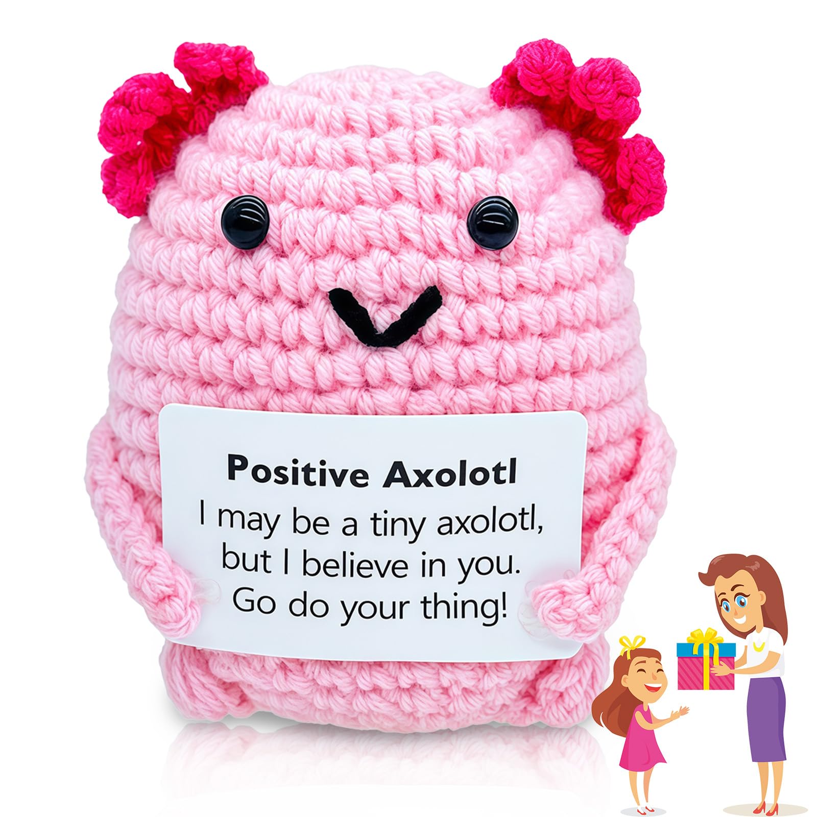 Positive Axolotl Crochet Emotional Support Crochet, Mini Knitted Axolotl Doll with Card Handmade Motivational Good Luck Funny Gifts Friends Party Cheer Up Support Toy Presents for Kids Boys Girls — image 1