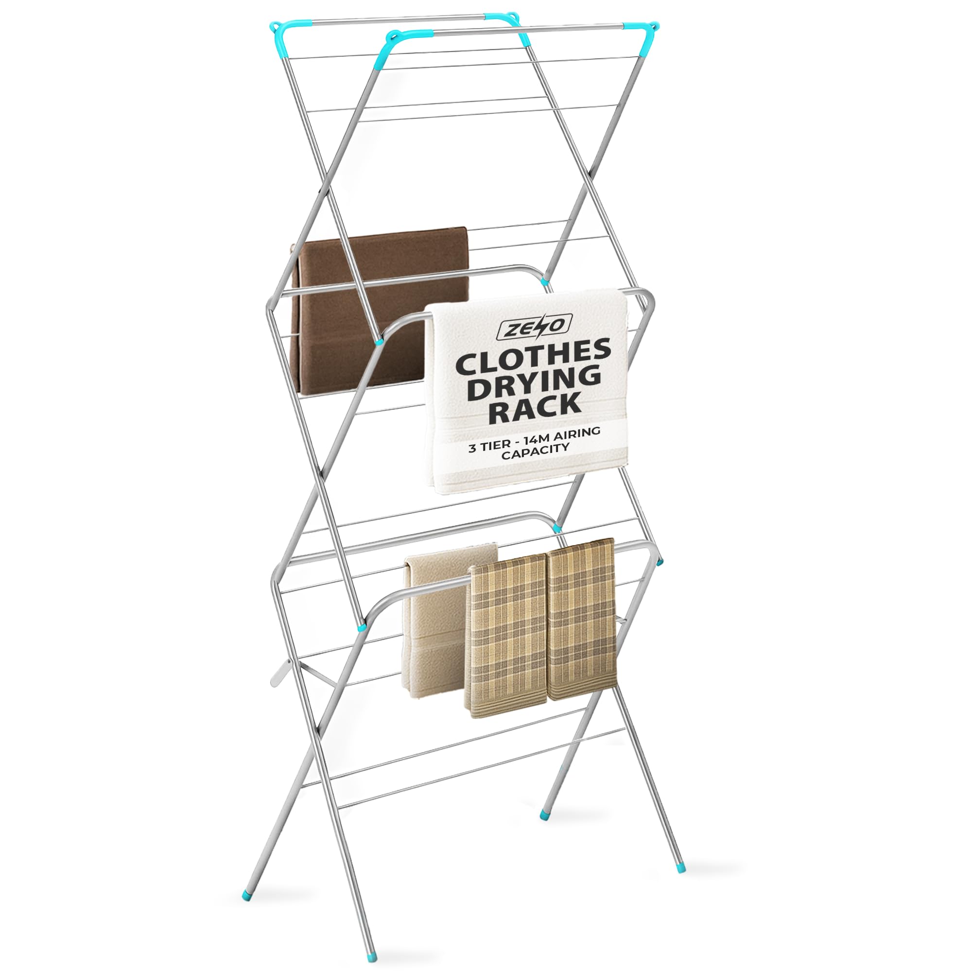 Zeno Silver & Blue Clothes Drying Rack | Clothes Airer | Clothes Dryer | Drying Horse | Drying Rack For Laundry | Airer Indoor Outdoor Foldable | 3 Tier Airer | Non Slip Feet | 14M Airing Capacity