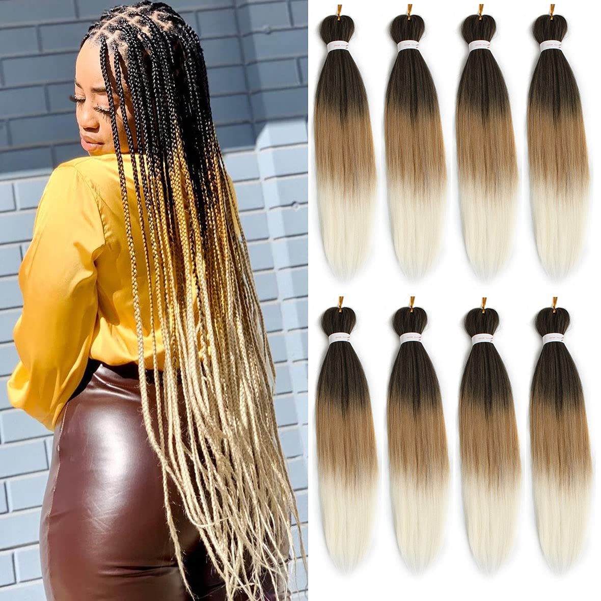 Leeven Pre Stretched Braiding Hair 36 Inch 8 Packs Professional Soft Yaki braiding Hair For Butterfly Braids Hot Water Setting Synthetic Crochet Box Braids Hair Extensions (1B/27/613#)
