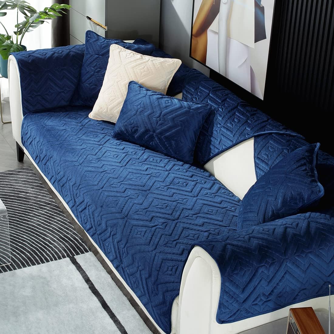 vctops Velvet Plush Diamond Pattern Sofa Couch Cover Solid Color Non Slip Sectional Couch Covers Soft Warm Thicken Sofa Slipcover for Dogs, Children, Pets Furniture Protector(Dark Blue,34"x82")