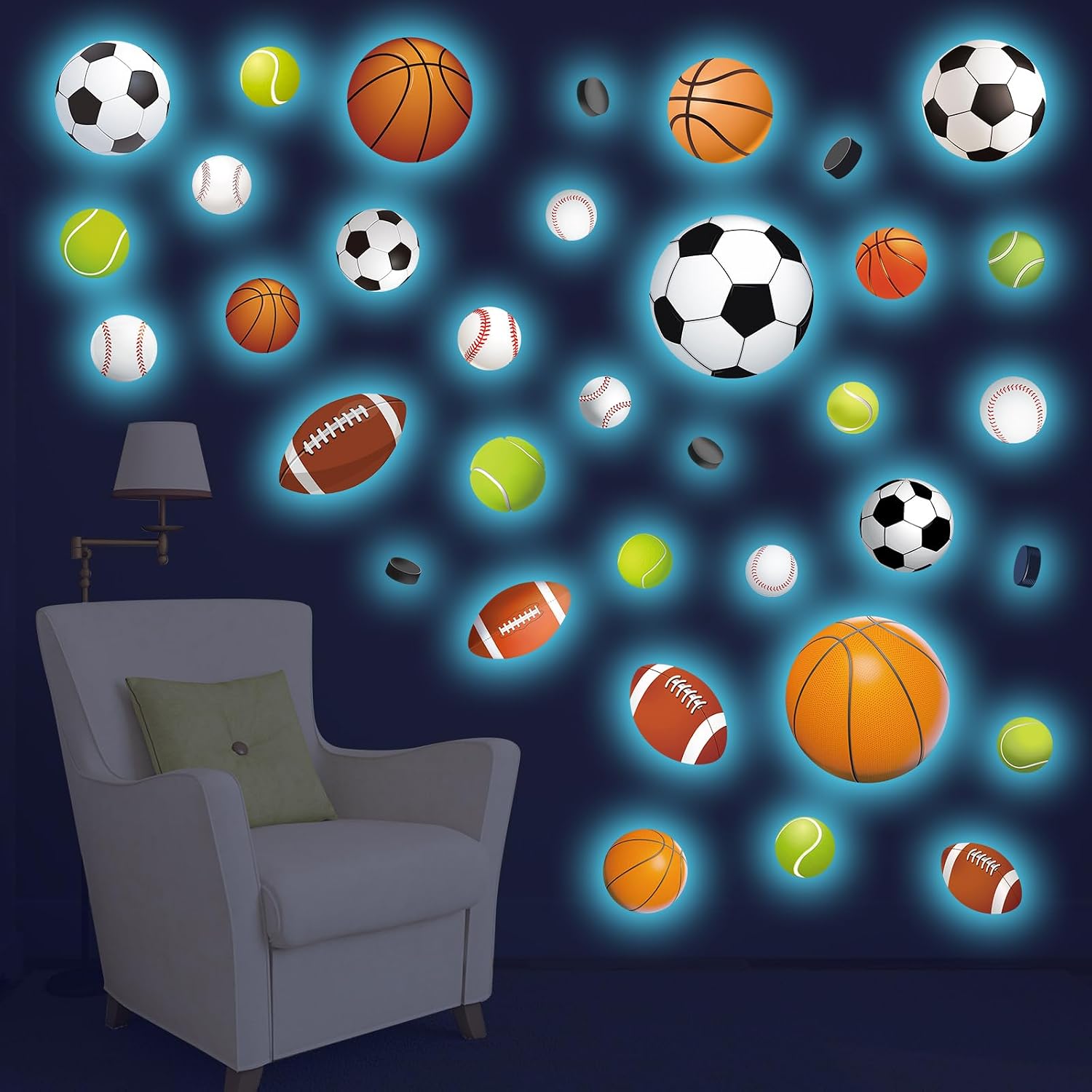 Glow in The Dark Basketball Football Sports Wall Decals，Glowing Luminous Boys Room Wall Stickers Removable self-Adhesive Baseball Decals for Kids Baby Boys Nursery Game Playroom Decoration