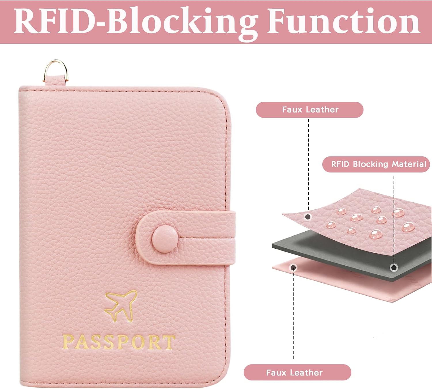 FuninCrea Passport Holder for Travel with Neck Lanyard, RFID Passport Wallet with Multi-Slots, Faux Leather Passport Cover Travel Wallet for Women and Men (Pink)