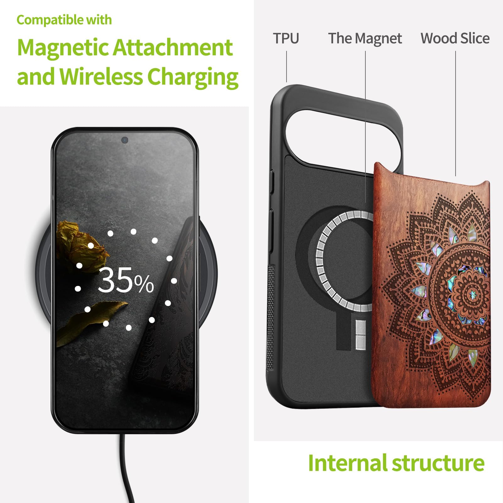 Carveit Madera Funda para Google Pixel 11 (Rosa-Arte Mandala) | Compatible con MagSafe [Grabado en madera e incrustación de mejillones] Magnética Cover para Pixel 11 Carcasa