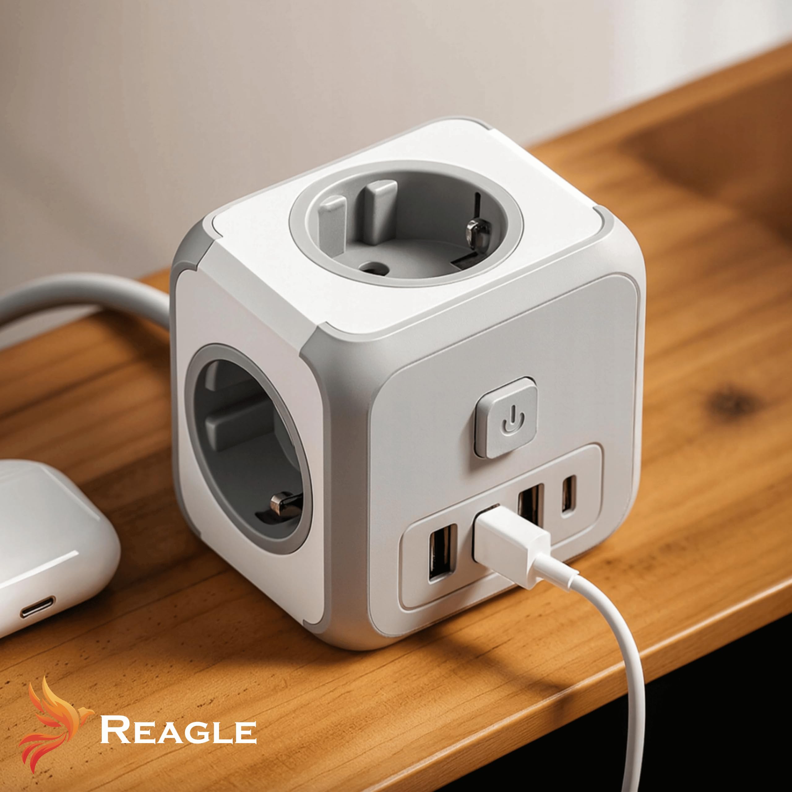 Reagle Listwa zasilająca bez kabla, 3 gniazda z kostką USB-A i USB-C, 2500 W, z przełącznikiem, listwa zasilająca Powercube do biura, domu, podróży
