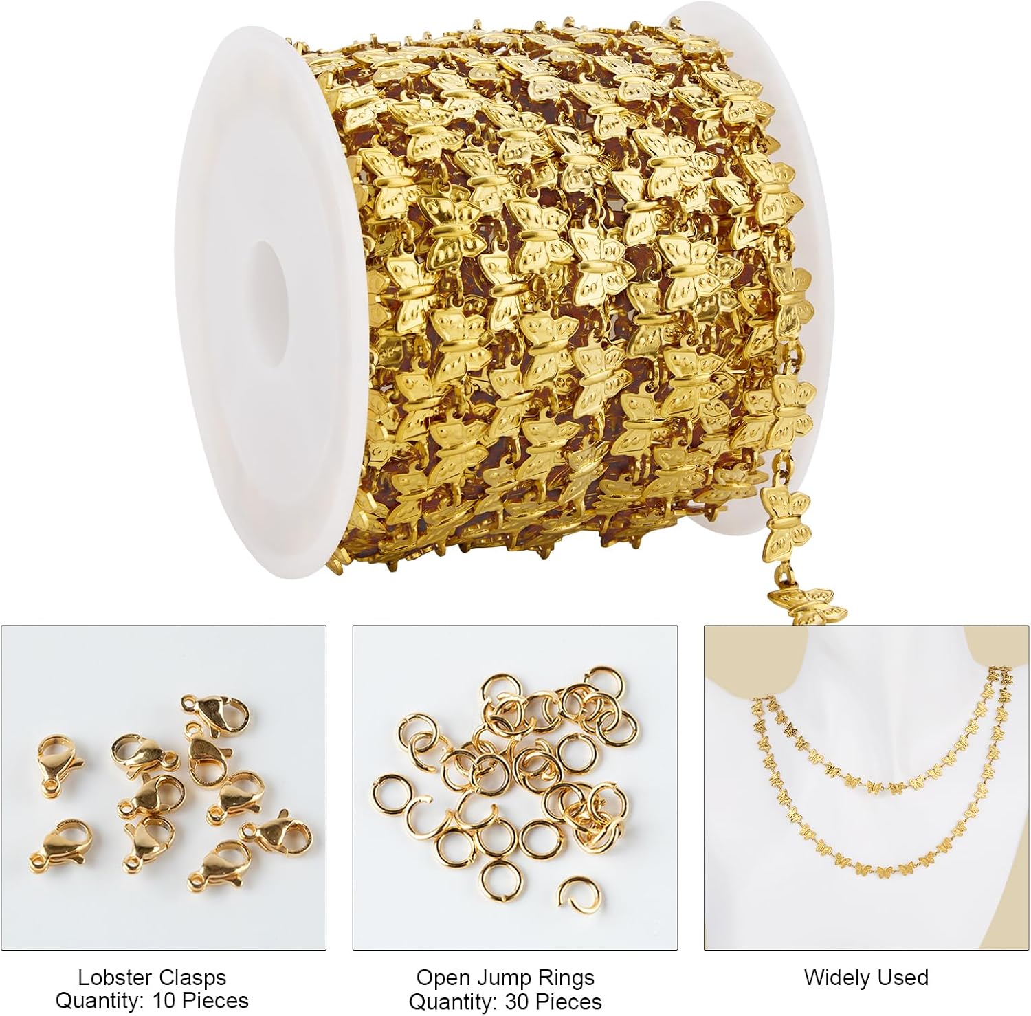 Kyutong 5 Meters Gold Chains for Jewelry Making Lovely Butterfly Chain Links Stainless Steel Necklace Bulk with Lobster Clasps and Jump Rings Jewelry Findings