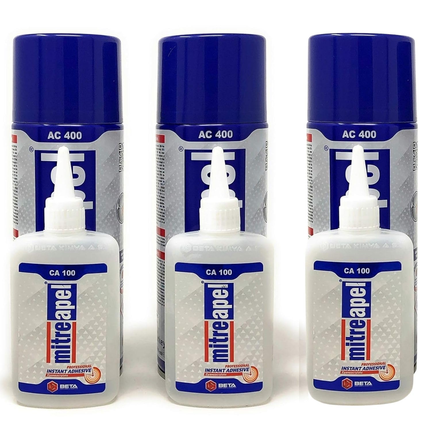 Mitreapel Colla Superka (3 x 100 g) con attivatore per colla spray (3 x 400 ml) – colla cianoacrilato per fai da te e costruzione, confezione da 3 pezzi