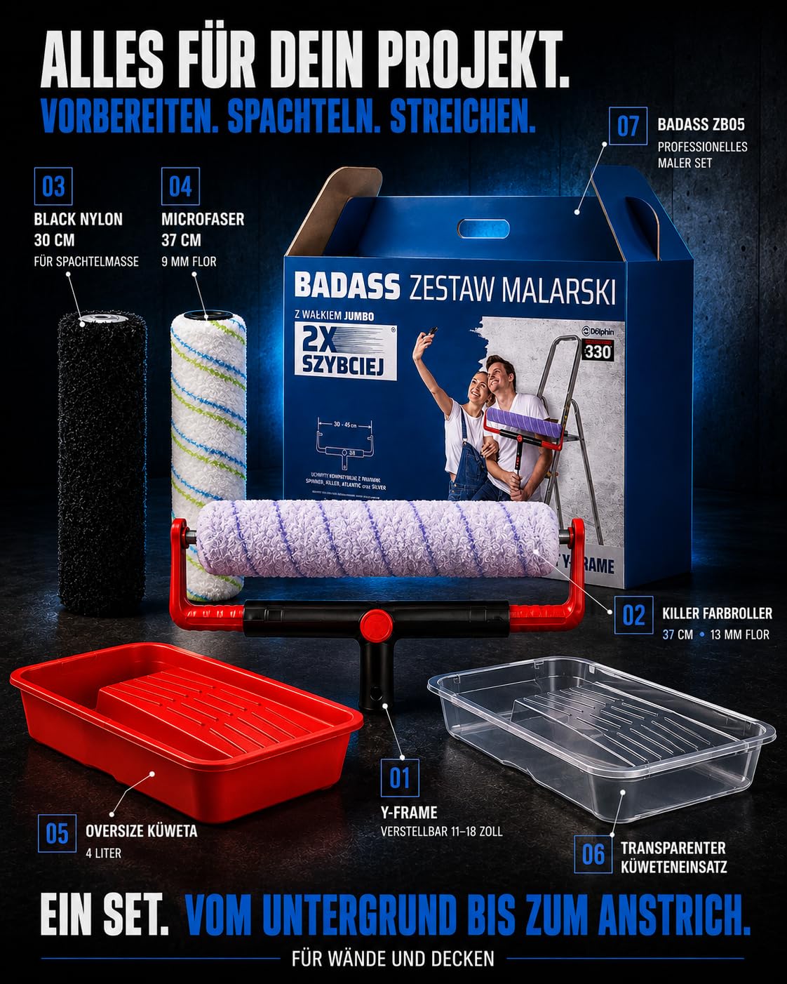BLUE DOLPHIN Malerset 37 cm Farbroller Set mit Y Frame Teleskopbügel 4 L Farbwanne Farbwalze Spachtelwalze Black Nylon und Mikrofaser für Wände Decken Renovierung