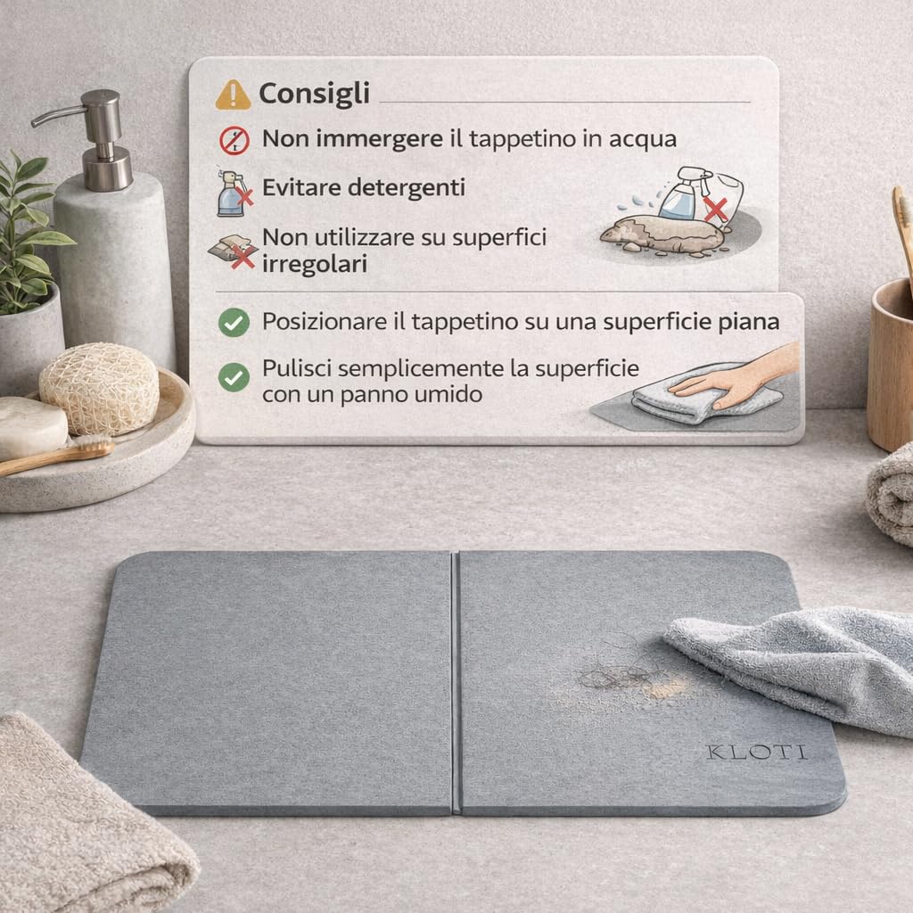 KLOTI Tappeto bagno in diatomite, tappeto bagno antiscivolo, tappetino doccia assorbente, tappeto antiscivolo vasca, asciugatura rapida, anti muffa, 60x39 cm, grigio