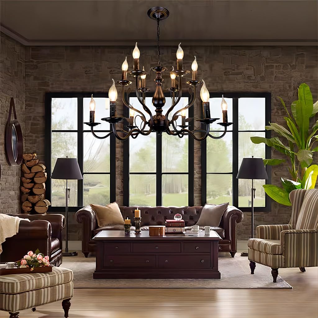 LYSDjia Pendant Lamp French Country Chandelier 6 Light Black Candle Style Pendant Light Vintage Metal Pendant Hanging Lamp Ceiling Pendant Lighting Fixture for Dining Table Island Kitchen Living Room