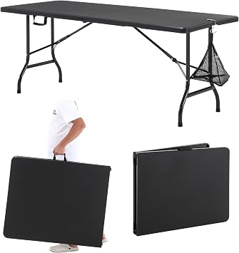 VECELO 6 FT Thick Top Picnic Table with Portable Mesh Bag, Folding Table with Strong Side Support, 500lbs Capacity for Outdoor Camping, Party, Dining - Black