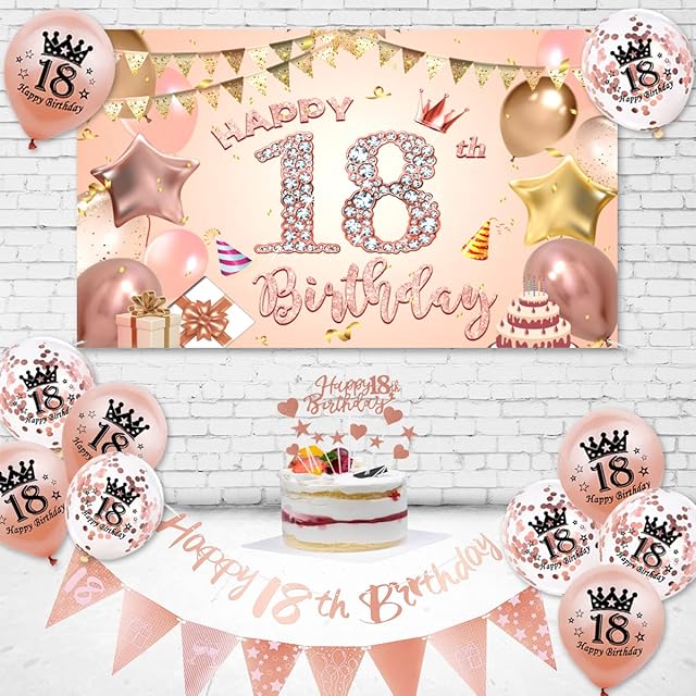Rose Gold 18th Birthday Decorations, 18th Happy Birthday Backdrop Bunting, Triangle Flag 18th birthday Banner, Cake Topper, Confetti Latex Balloons for Party Decoration Supplies (18th Birthday)