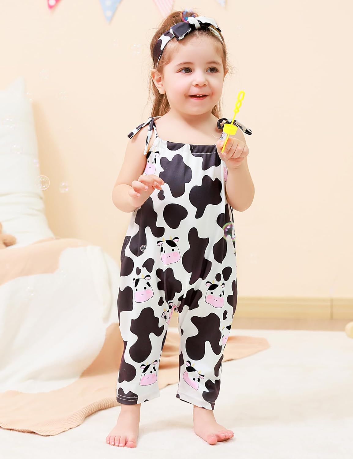 Toddler Baby Girls Romper Sleeveless Jumpsuit Summer Clothes Adjustable Tie-Up Strap with Pocket Headband 1-5T - Image 5