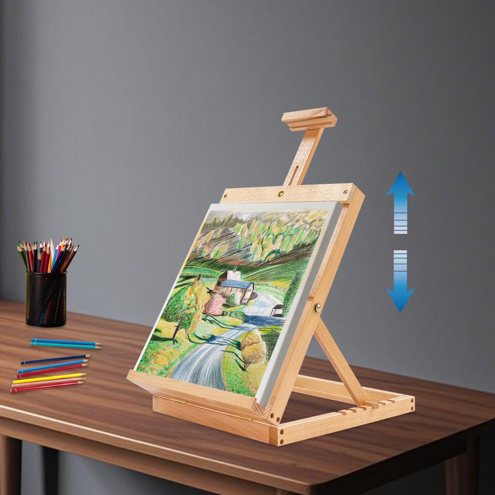 Caballete de mesa en forma de H para lienzos de hasta 4 K, madera de haya, soporte ajustable de 38 a 80 cm, 4 K