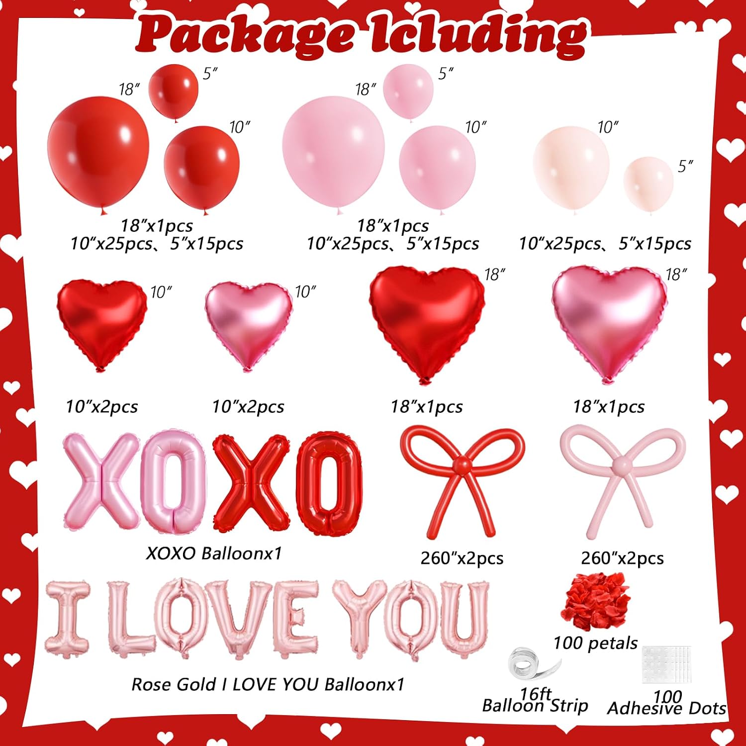 Valentines Day Balloon Arch Garland Kit, Valentine Pink White Red Heart I LOVE YOU XOXO Balloons with Rose Petals for Bachelorette Bridal Engagement Birthday Galentines Valentines Party Decorations