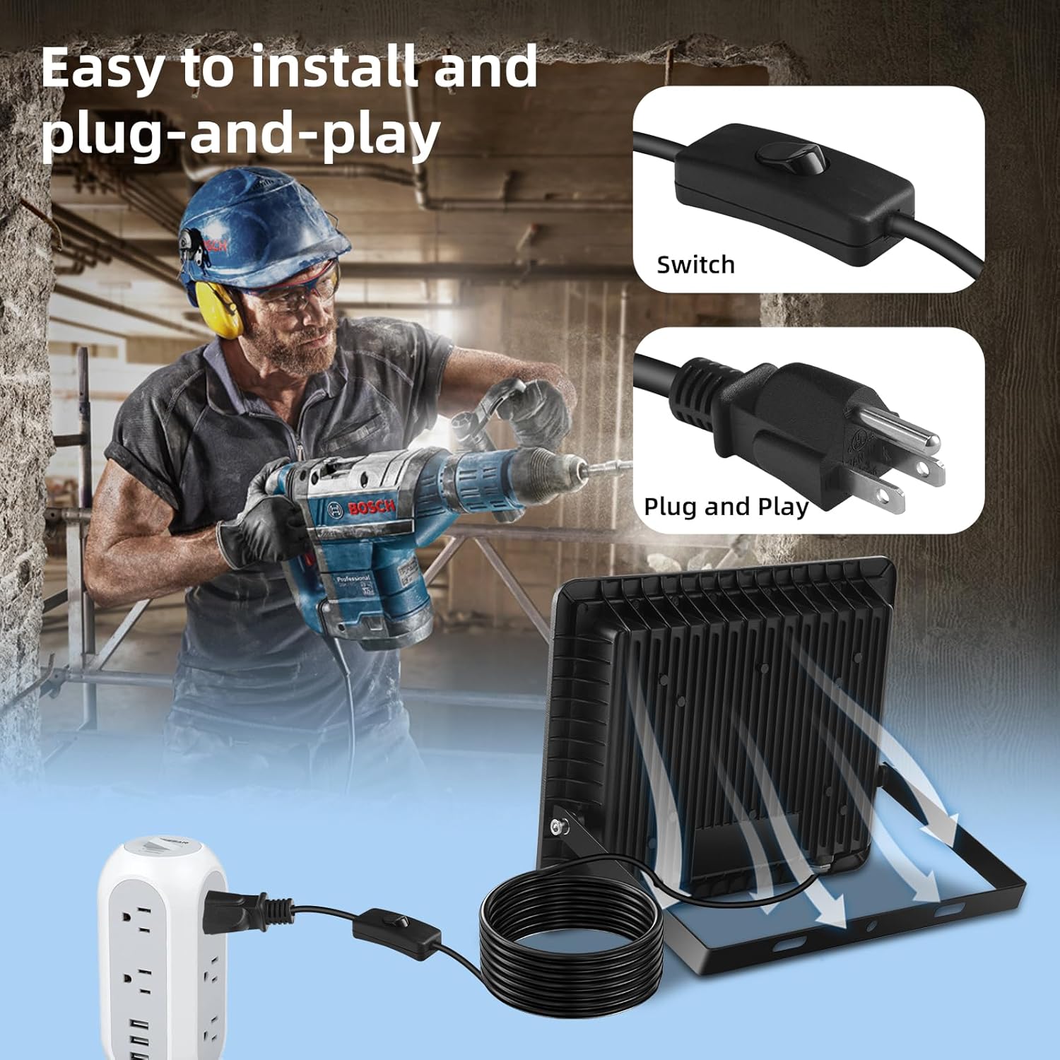 100W Flood Lights Outdoor,12000LM Bright LED Work Light,IP66 Waterproof Outdoor with Switch and 6.5FT Plug,6500K Daylight White Outside Lights for Yard，Garage,Garden,Stadium(2 Pack)