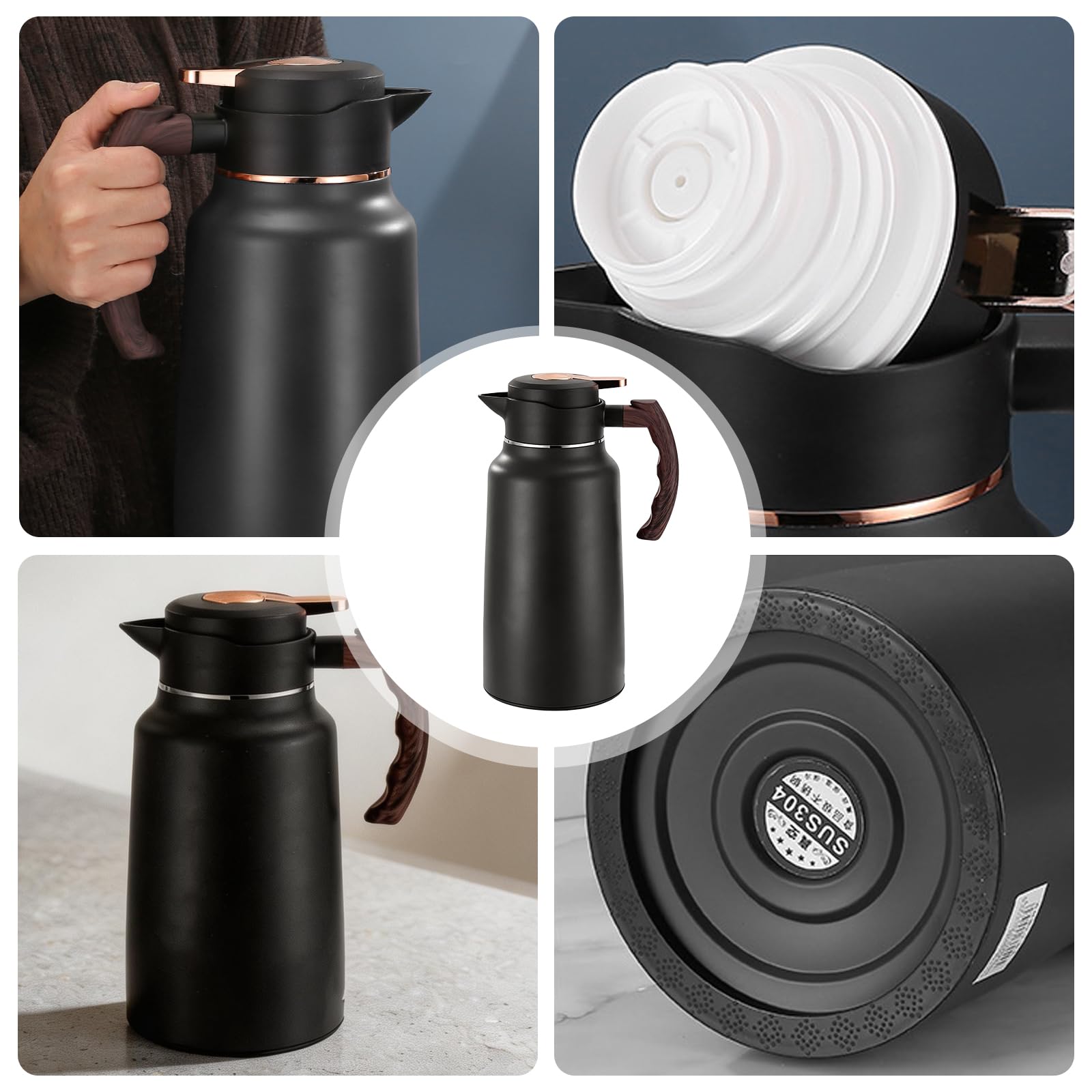 Cafetière de 2 l pour garder au chaud : cafetière isotherme en acier inoxydable 304 avec poignée en bois, conservation de la chaleur longue durée, cafetière isolée sous vide pour café et thé