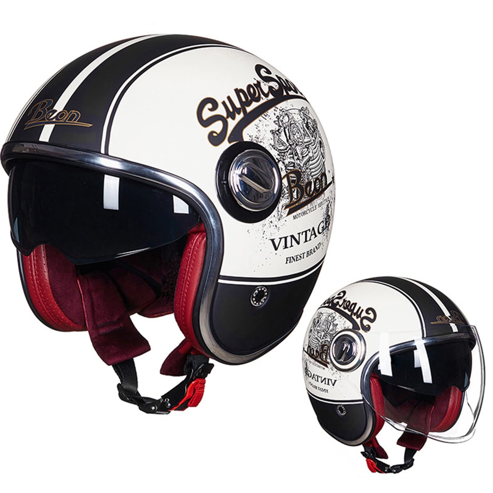 dot certified vintage motorcycle helmets Jet Helmet Double Visor, Certification, ECE Half Helmet, Retro Open Face Motorcycle Moped Helmet 3/4 Open Face Motorcycle Open Face Helmet for Men Women R,L=59-60 cm Automotive Round Leather Round Black Length:PM80MHF / 8’ tagColor_Daydream