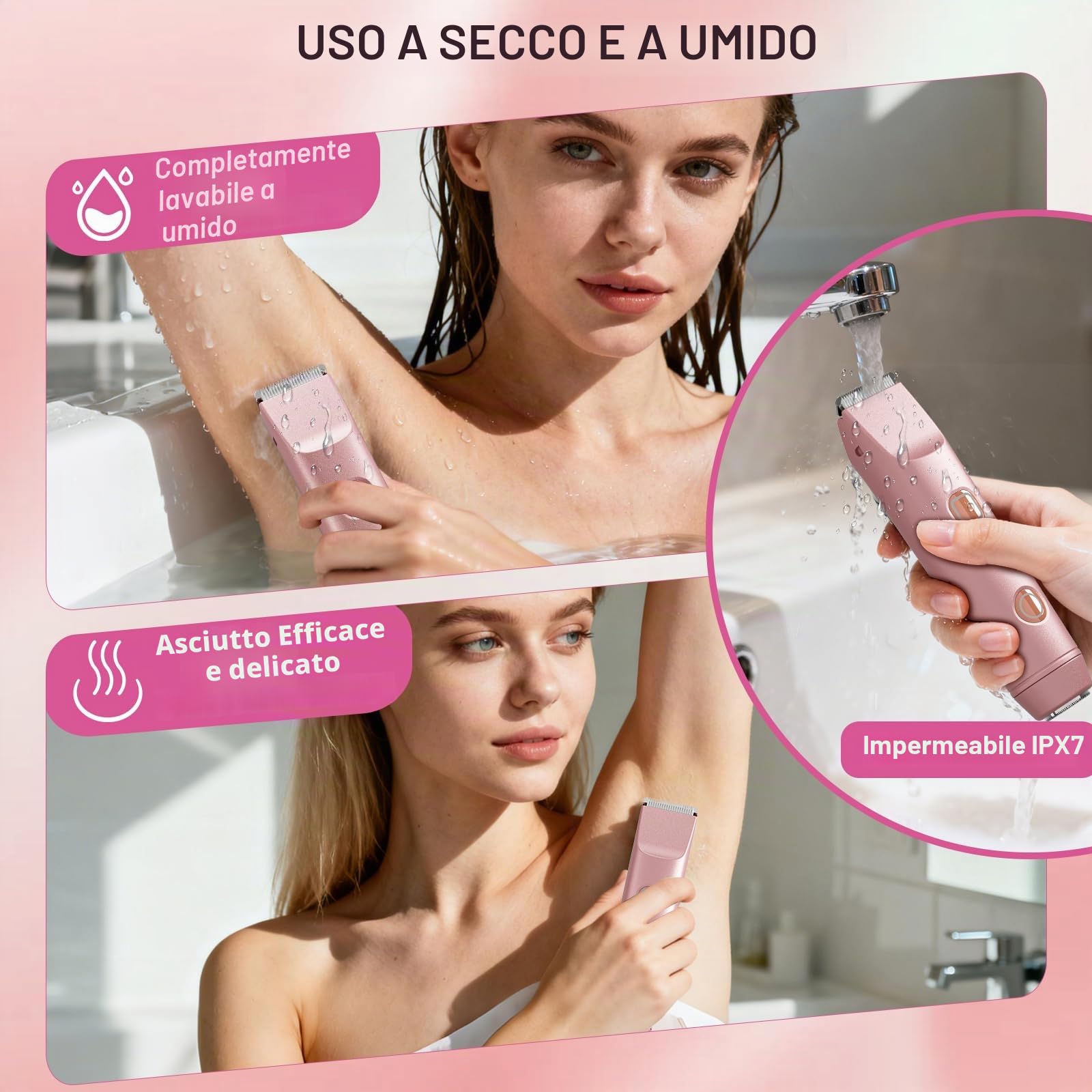 Rasoi da donna 2 in 1, rasoi da donna IPX7 impermeabile trimmer per peli pubici da donna, uso bagnato e secco, rasoio elettrico indolore per corpo, braccia, gamba