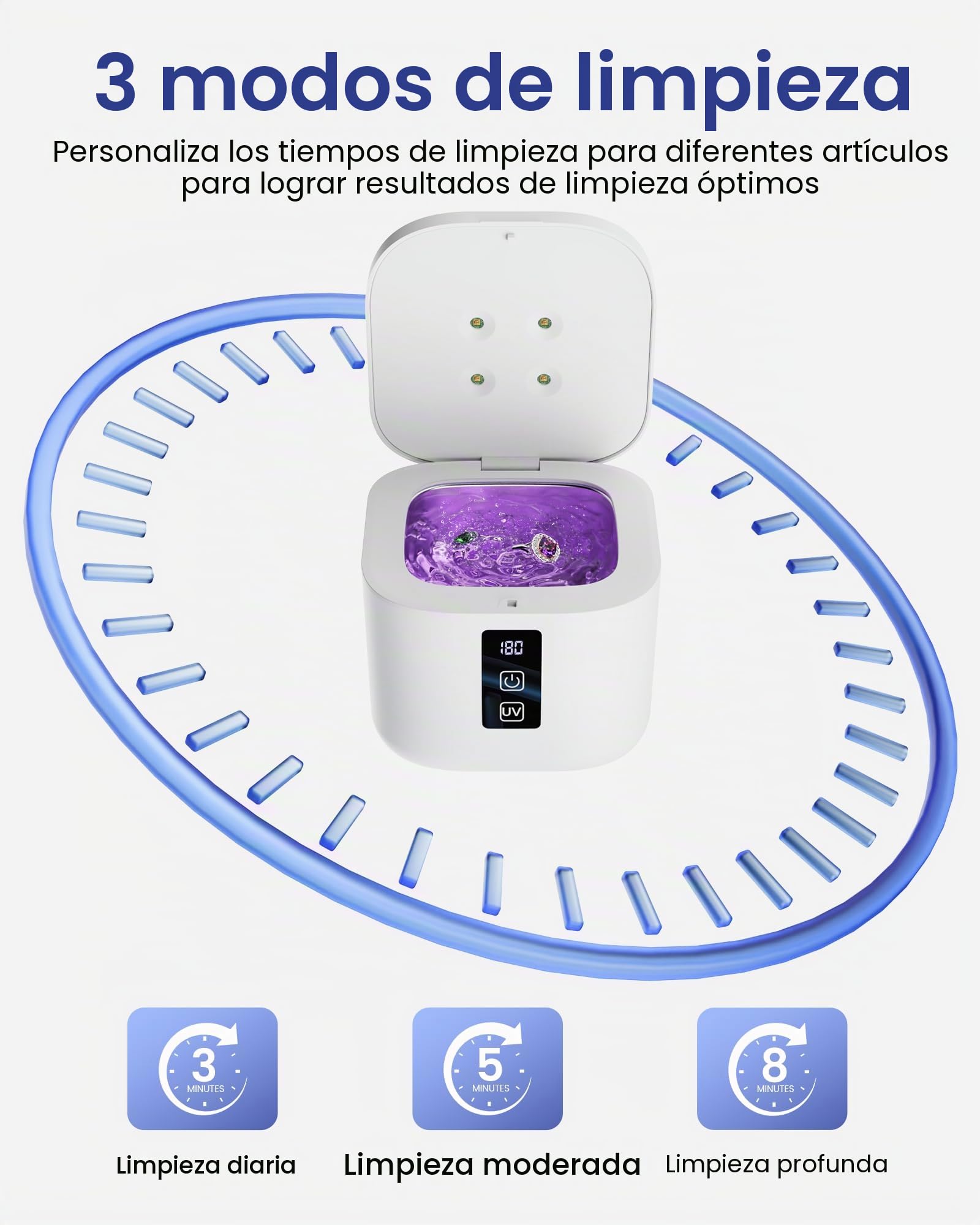 Limpiador Ultrasónico, 48000Hz Limpieza Dental Ultrasonidos, 375ML con 4 Lámparas UV Automáticas, para Ultrasonidos Limpieza Dental de Dentaduras, Retenedores, Alineadores y Joyas