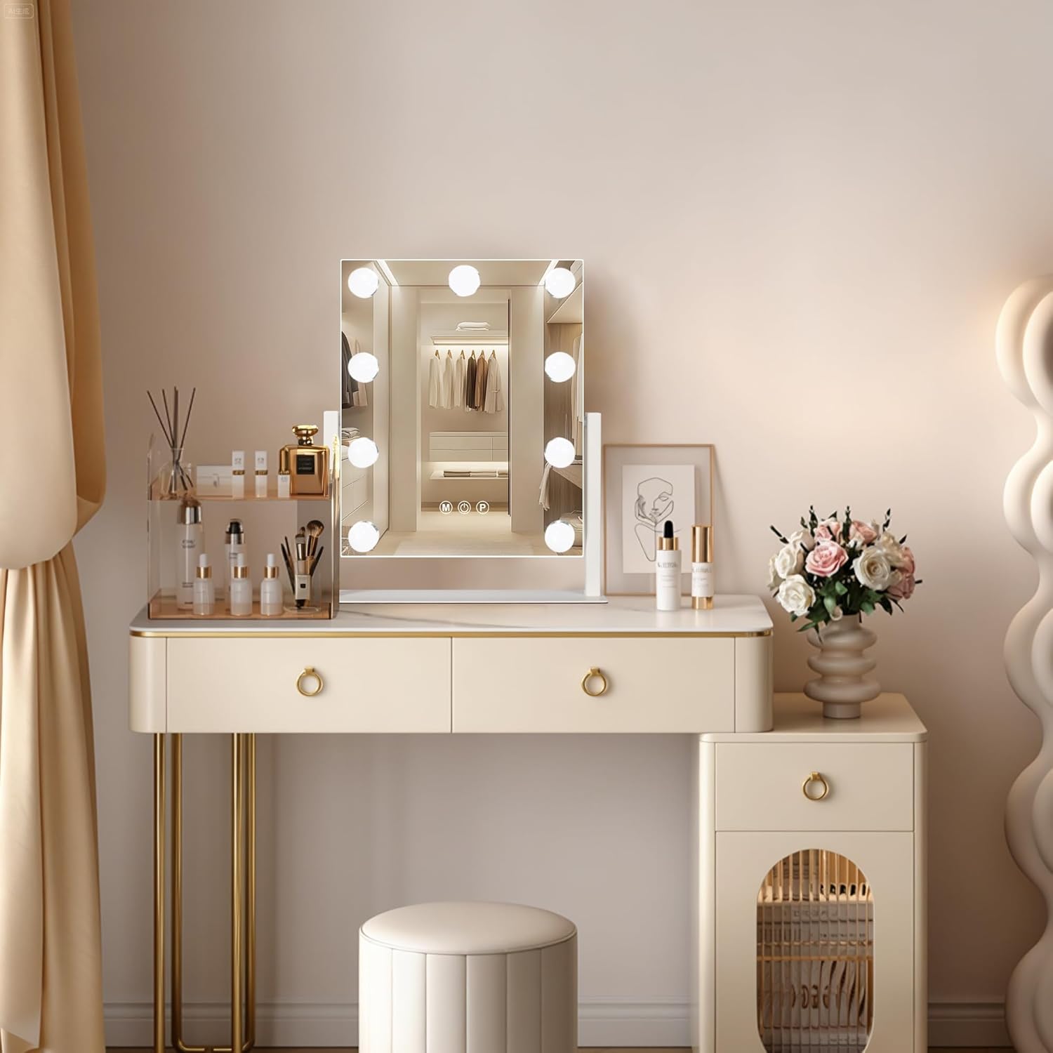 Ratsamee Hollywood Vanity Mirror with Lights, 9 Dimmable Bulbs, 3 Color Lights,Make Up Lighted Mirror, 10x Magnification 360°Rotation (12" x 14") White