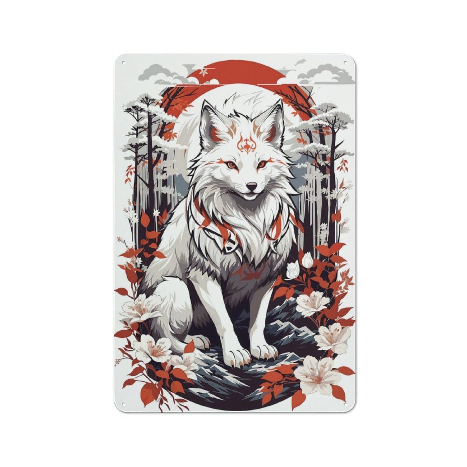 Junmoney Kitsune Fox Mask Rustic Metal Wall Sign 30X20cm For Kitchen Or Home Bar, For Garage, Workshop And Man Cave Decoration