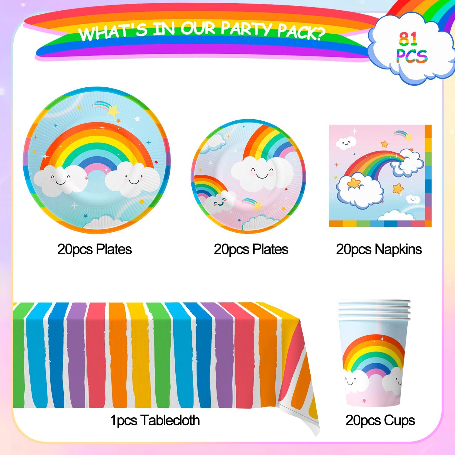 20 Guests Rainbow Birthday Party Tableware, Include Colorful Plates Cups Napkins Tablecloth etc Rainbow Birthday Party Decorations - Image 2