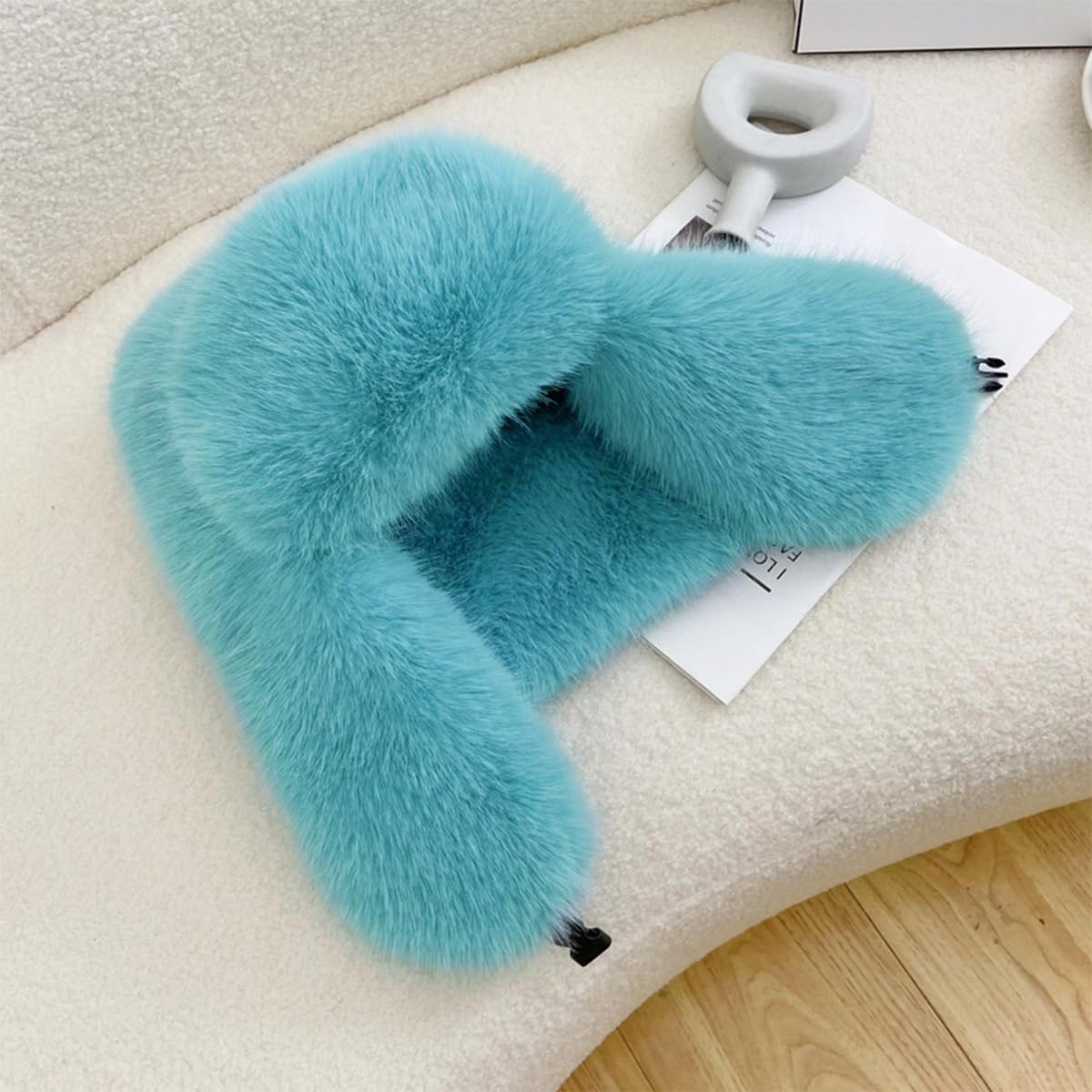 BSYLOO Women's Fluffy Trapper Hat, Long Pile Faux Fur Ushanka hat with Buckle, Luxurious Mink-Style Winter Warm Hat Azure