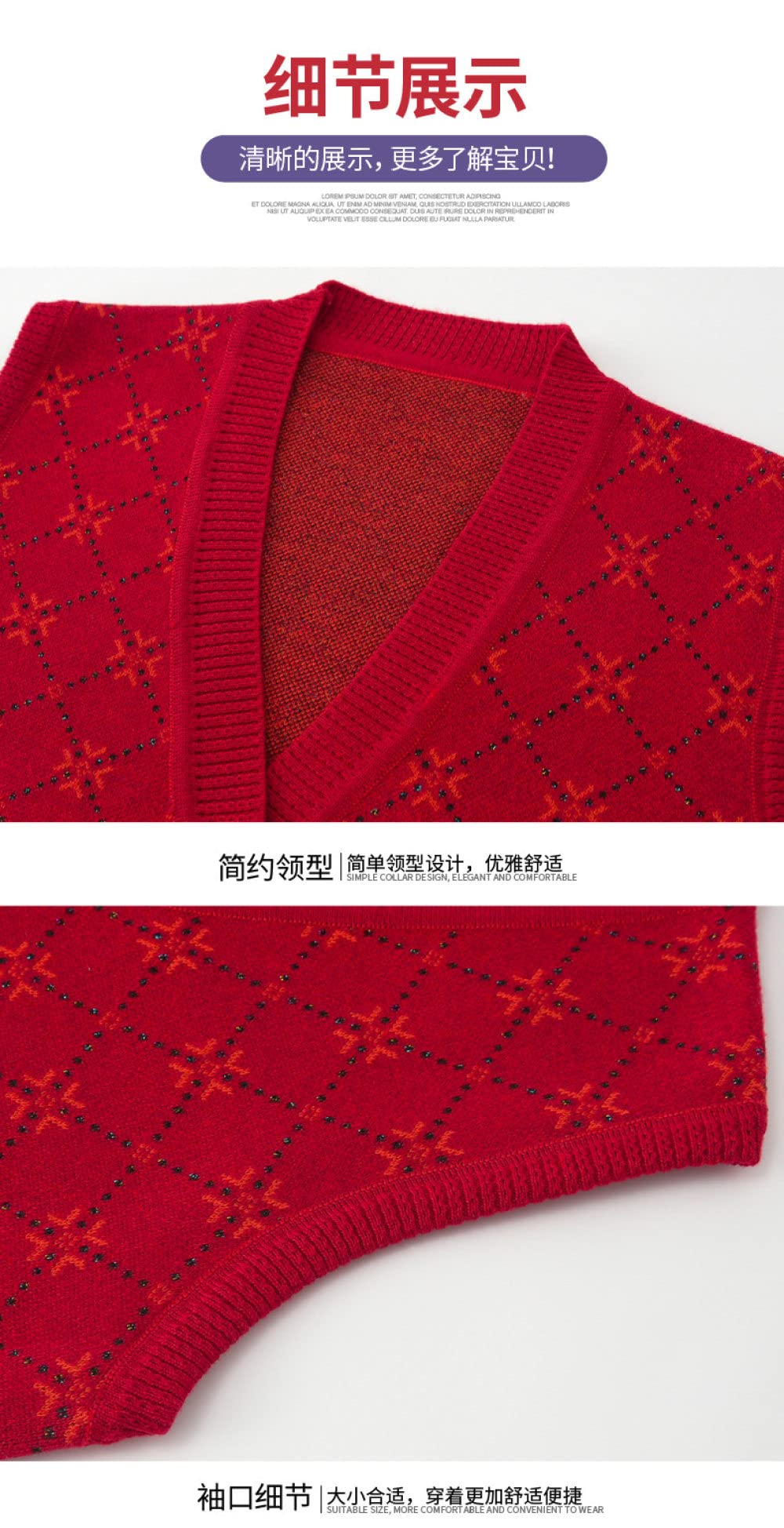Damen Weste,Damen V-Ausschnitt Pullover Weste Vintage Burgund Rhombus Plaid Button Cardigan Mit Taschen Ältere Ärmellose Strickwesten Weste Pullover Tank Top