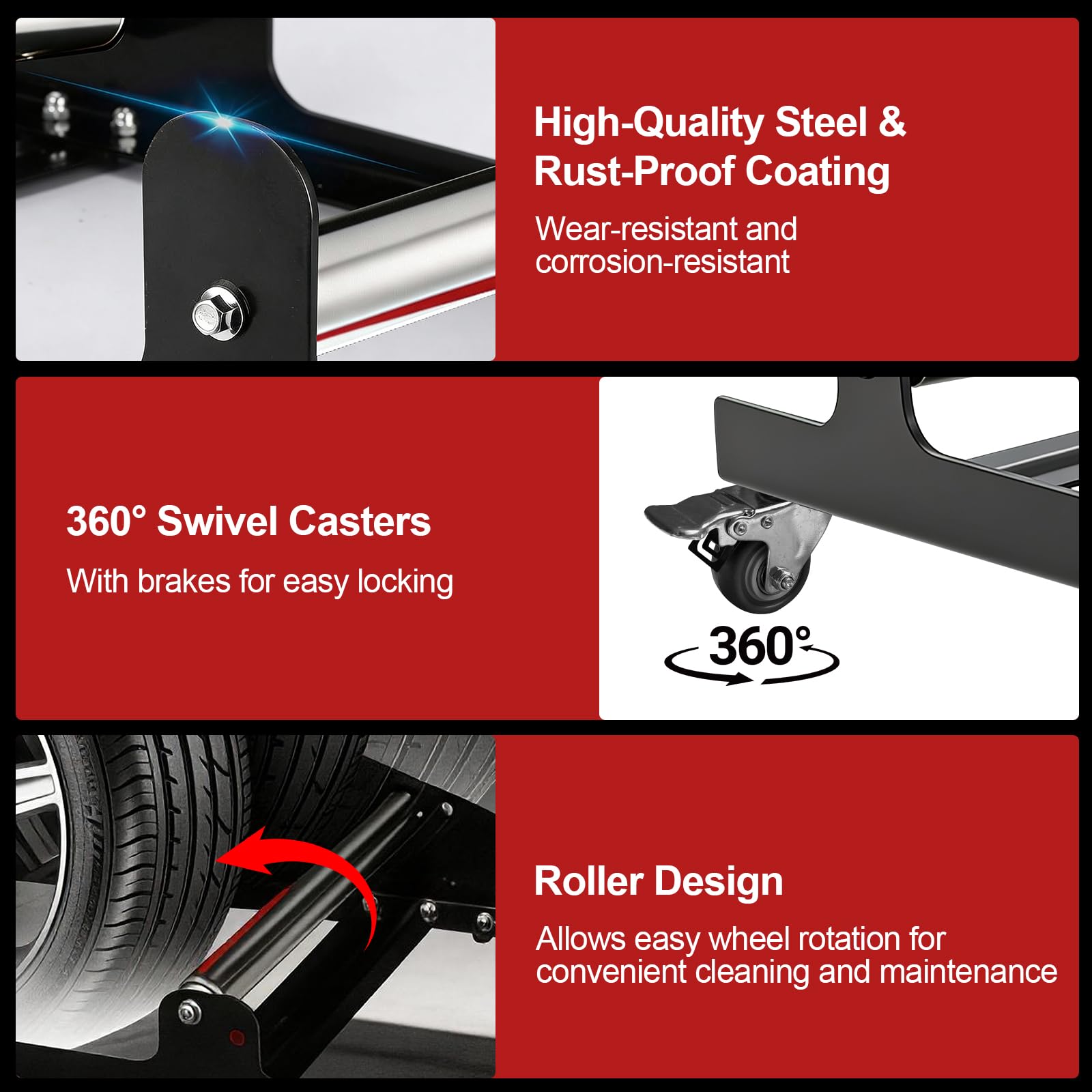 Felgenständer mit Laufrollen, 4 Universalrollen & 3-Rollen-Design & Höhenverstellung Reifenständer aus Stahl - Detailing Wheel Cleaning Ständer für Reinigung Polieren und Wartung von Rädern