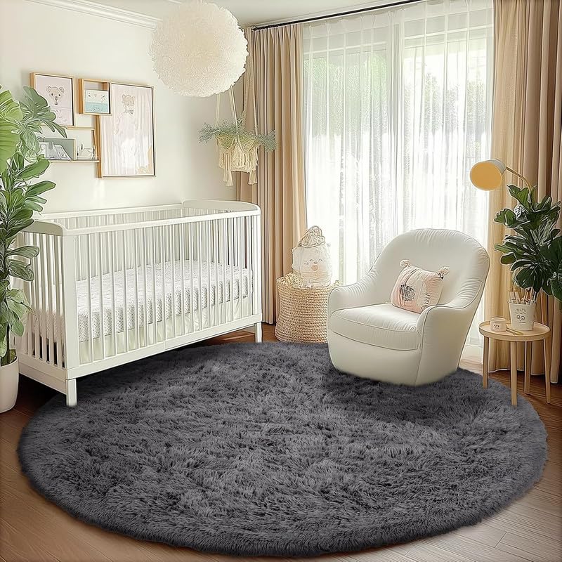 Image of Round Soft Shaggy Carpet Plain Fur Rugs for Room Decor, Under Sofa 4x4 Feet Darkgrey