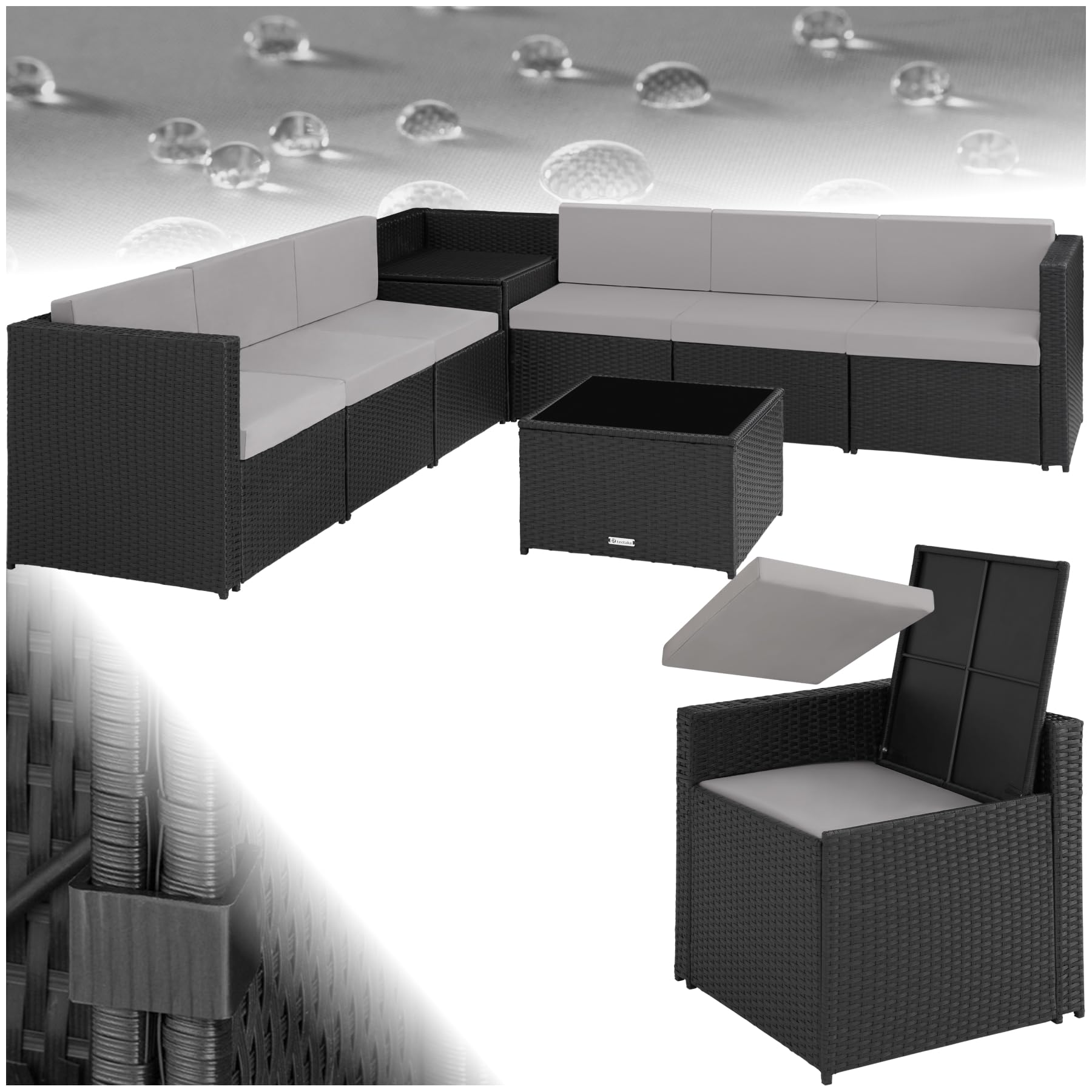 tectake Gartenlounge Set Verona mit Rattan-Design, Aufbewahrungsbox und Sicherheitsglasplatte