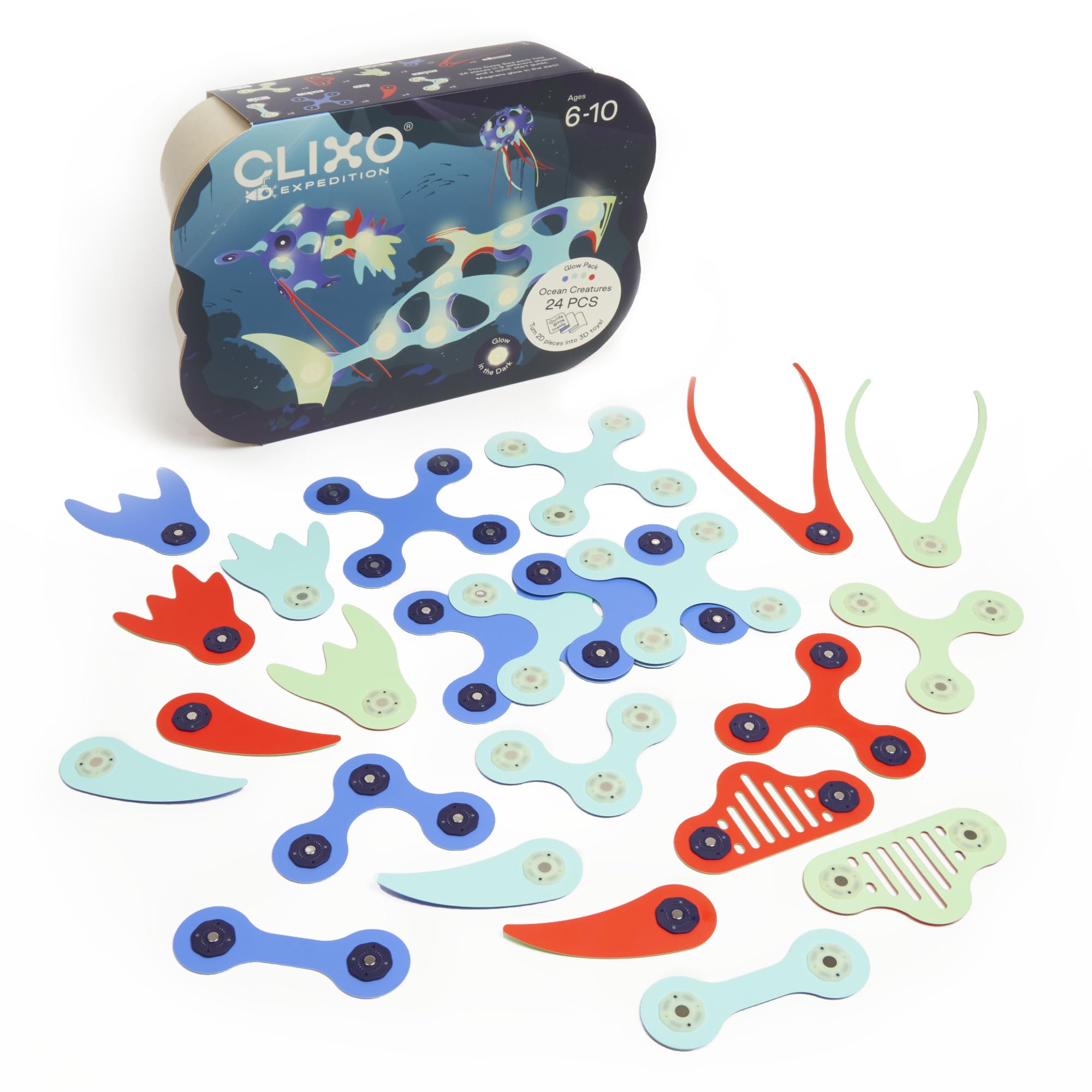Clixo Ocean Creatures. Juguete magnético niños, Piezas Flexibles duraderas. Educativo, Brillo Oscuridad, Stem. Juego Viaje. 6+ Años. 24 Piezas