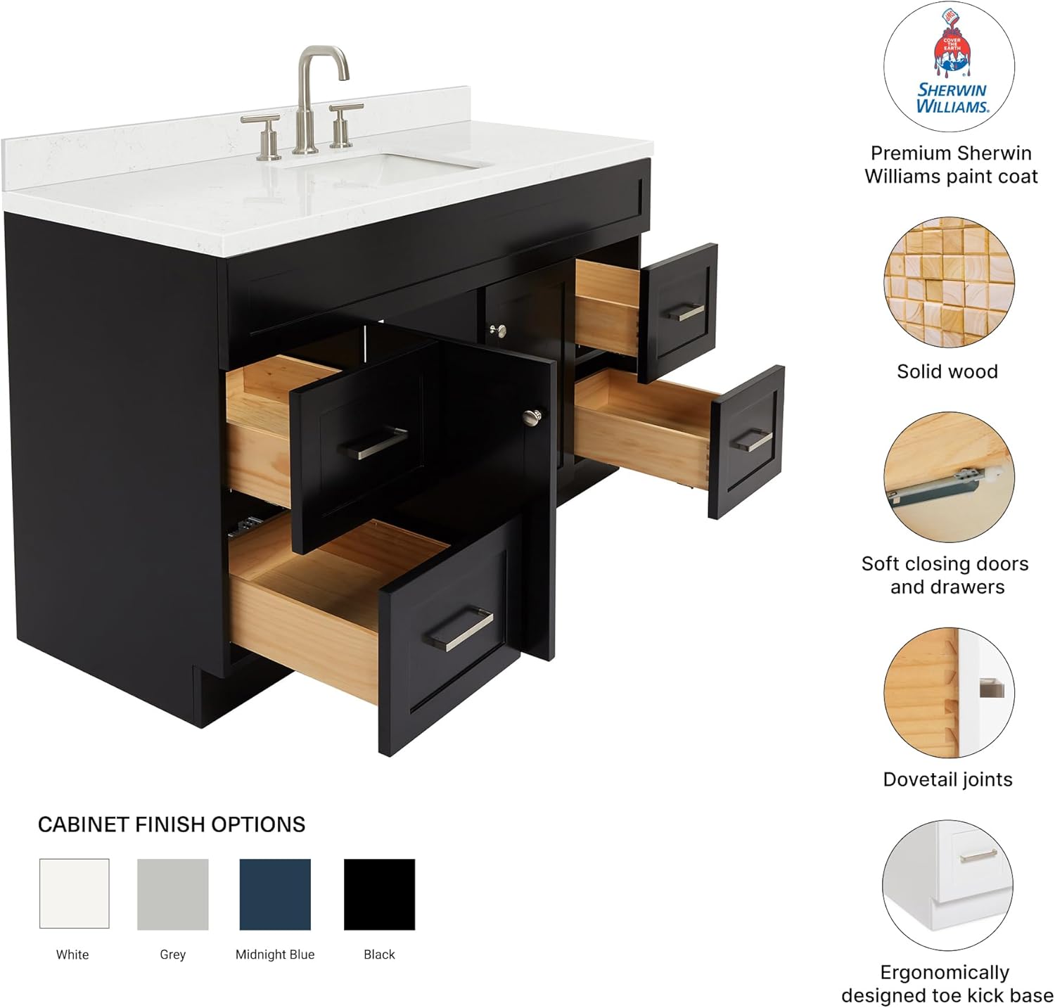 DKB Bradford 60 Inch Bathroom Vanity Single Sink — Black Bathroom Vanity with Sink, 1.5" Edge Carrara White Quartz Countertop, Solid Wood, 2 Soft-Close Doors, 4 Dovetail Drawers