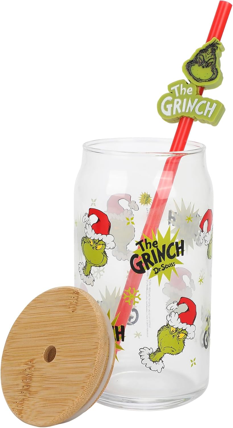 Bioworld The Grinch AOP 15 Oz. Glass Cup with Straw and Lid - Image 3