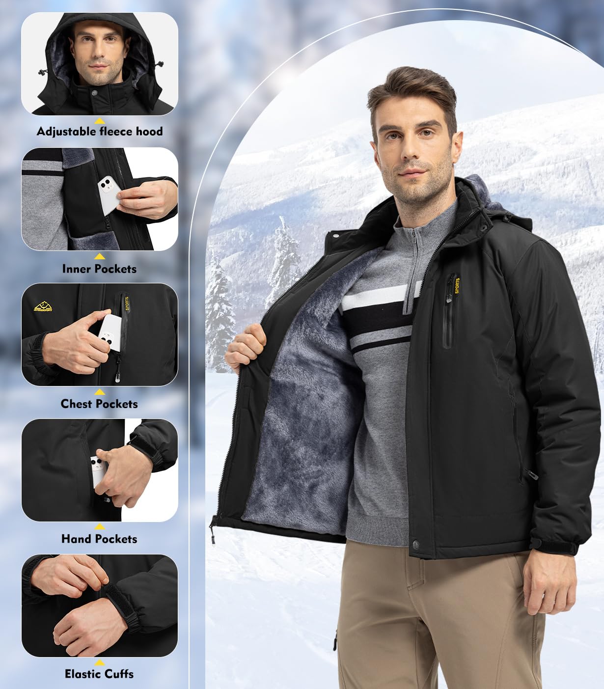 donhobo Herren Winter Skijacke Atmungsaktiv Warm Gefüttert Winterjacke Wasserdichte Winddichte Outdoor Verdickt Funktionsjacke mit Abnehmbarer Kapuze