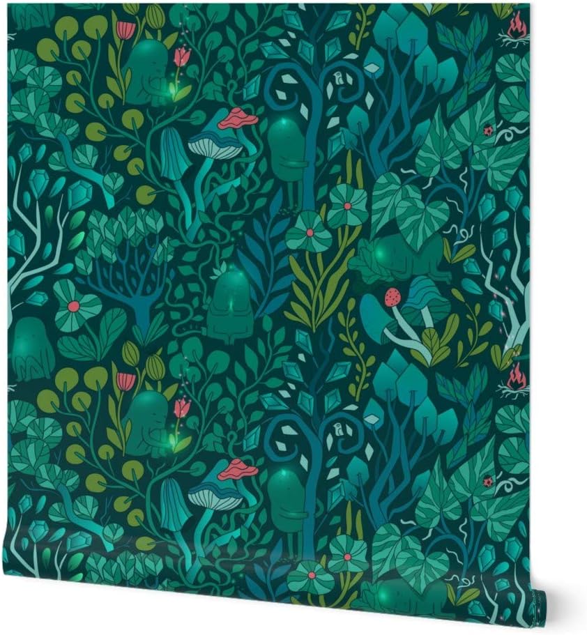 Peel & Stick Wallpaper Swatch - Emerald Forest Fairy Woodland Creatures Green Nature Trees Crystals Magical Mystical Custom Removable Wallpaper by Spoonflower