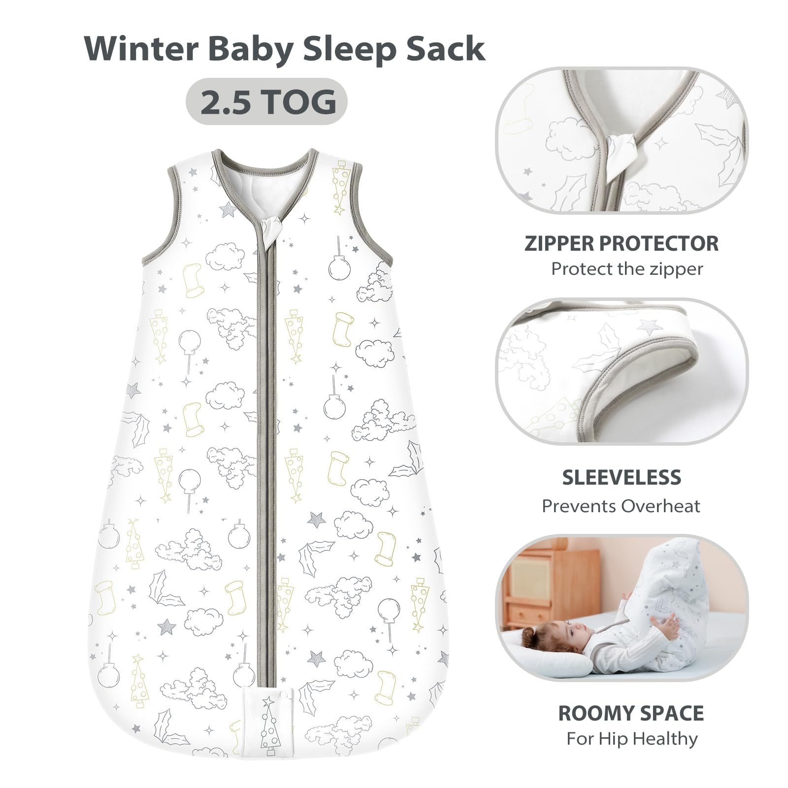 Mosebears Sacco nanna invernale per bambini, 2,5 tog, 100% cotone, disponibile in diverse misure dalla nascita all'età di 24 mesi (White Clouds, 18-24 mesi)
