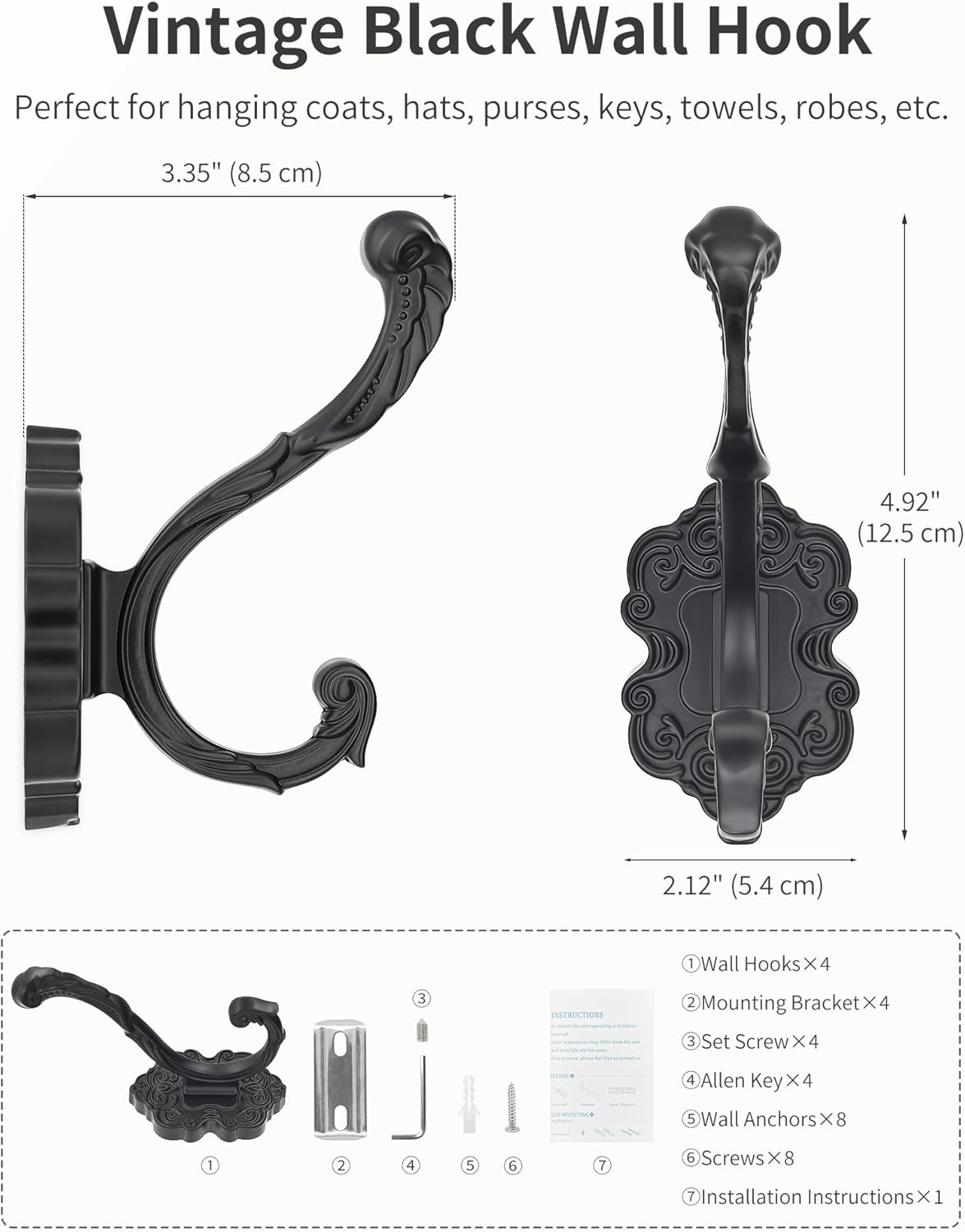 Vintage Coat Hooks Wall Mount, Unique Heavy Duty Wall Hooks for Hanging Towel Key Purse Hat Robe Clothes Decorative Hook for Bathroom Shower Closet Entryway Antique Black 4 Pack