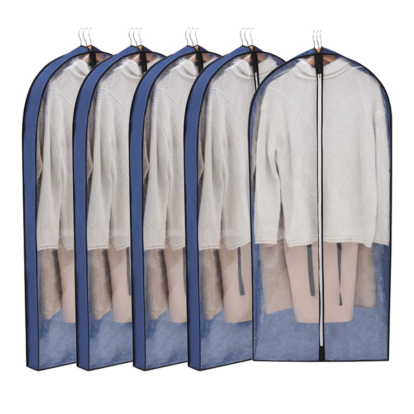 borsa per vestiti, 5 pezzi Sacchetti porta abiti tridimensionali con cerniera, grandi capacità, in tessuto non, blu scuro - 60x10x150cm(Dark Blue,60x10x150cm)