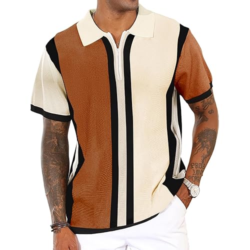 Men's Fashion Knit Polo Shirts Vintage Striped Knitting Shirts Ribbed Slim Fit Golf Shirts