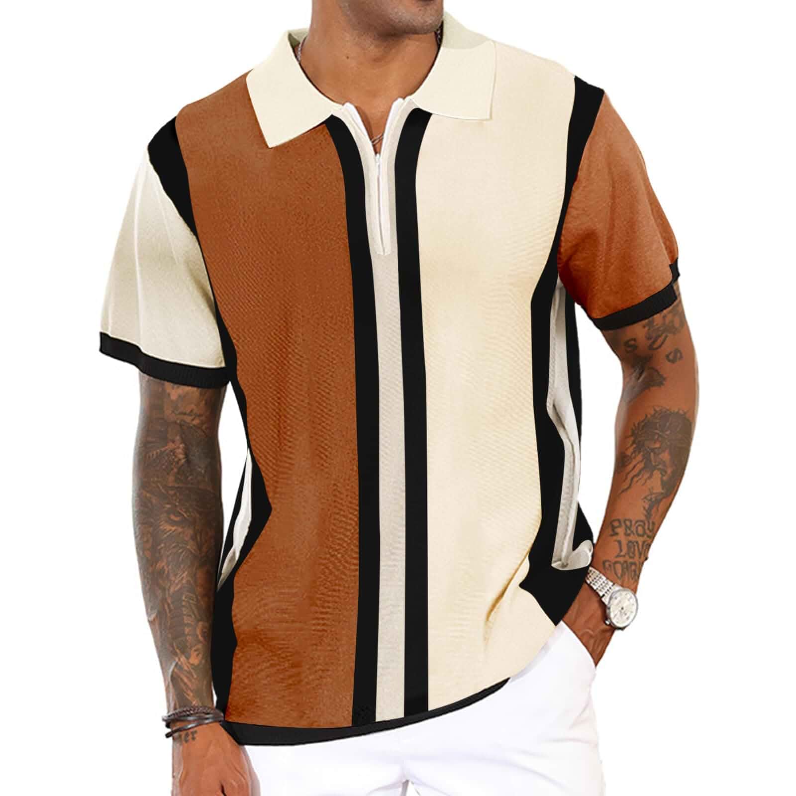 CTU Men's Fashion Knit Polo Shirts | Vintage Striped Knitting, Ribbed,Color-block，Regular Fit, Golf Shirts，Casual wear