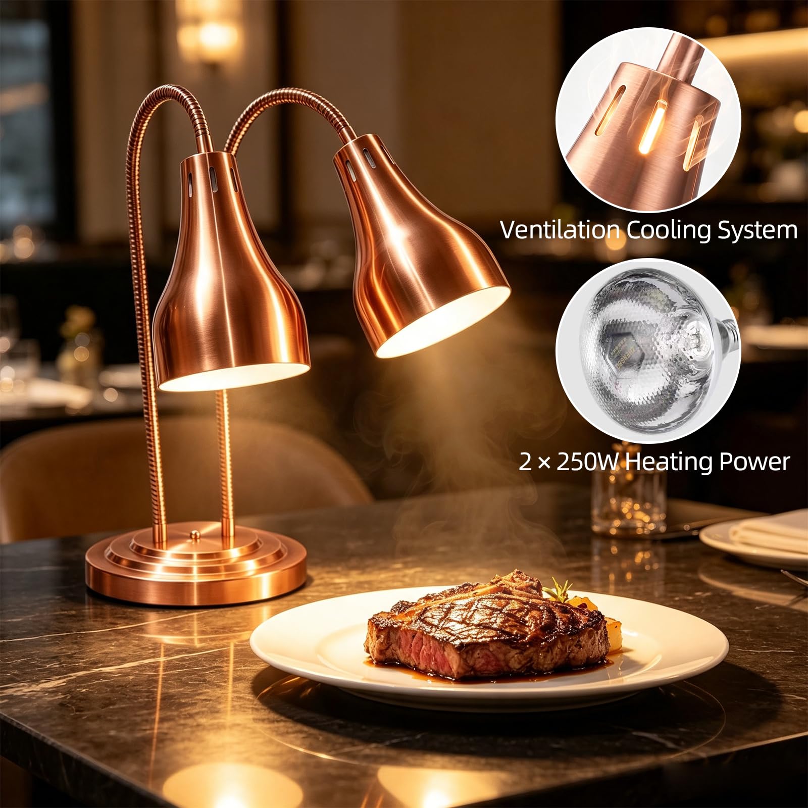 Dwupalnikowa lampa grzewcza do kuchni, 500 W, lampa grzewcza na podczerwień z lampami 2 x 250 W, regulowana łabędzia szyja 70 cm, lampa bufetowa ze stali nierdzewnej do restauracji, hotelu i cateringu