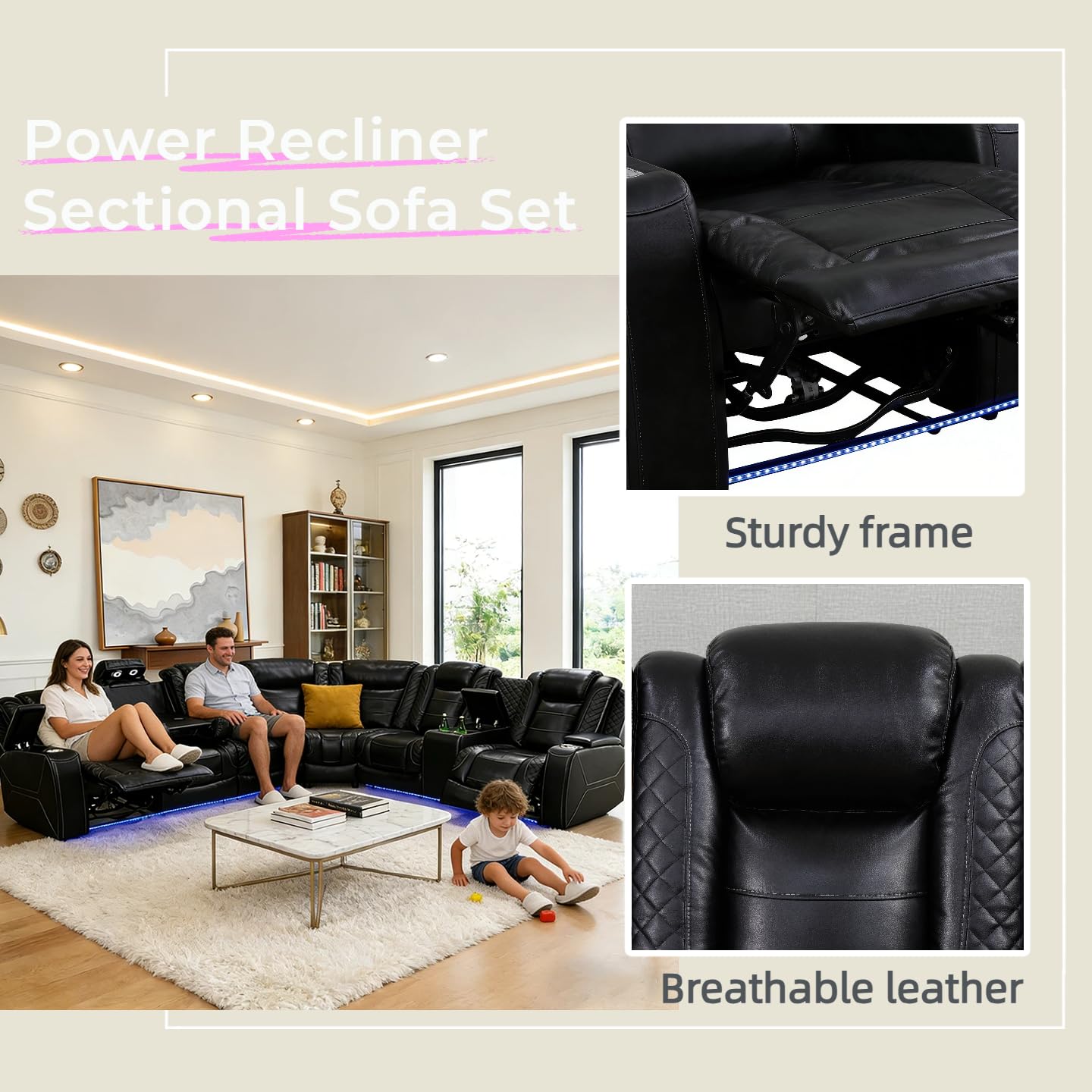 Leather Power Reclining Sectional Sofa Set,Sectional Couch with 3 Recliners view 5