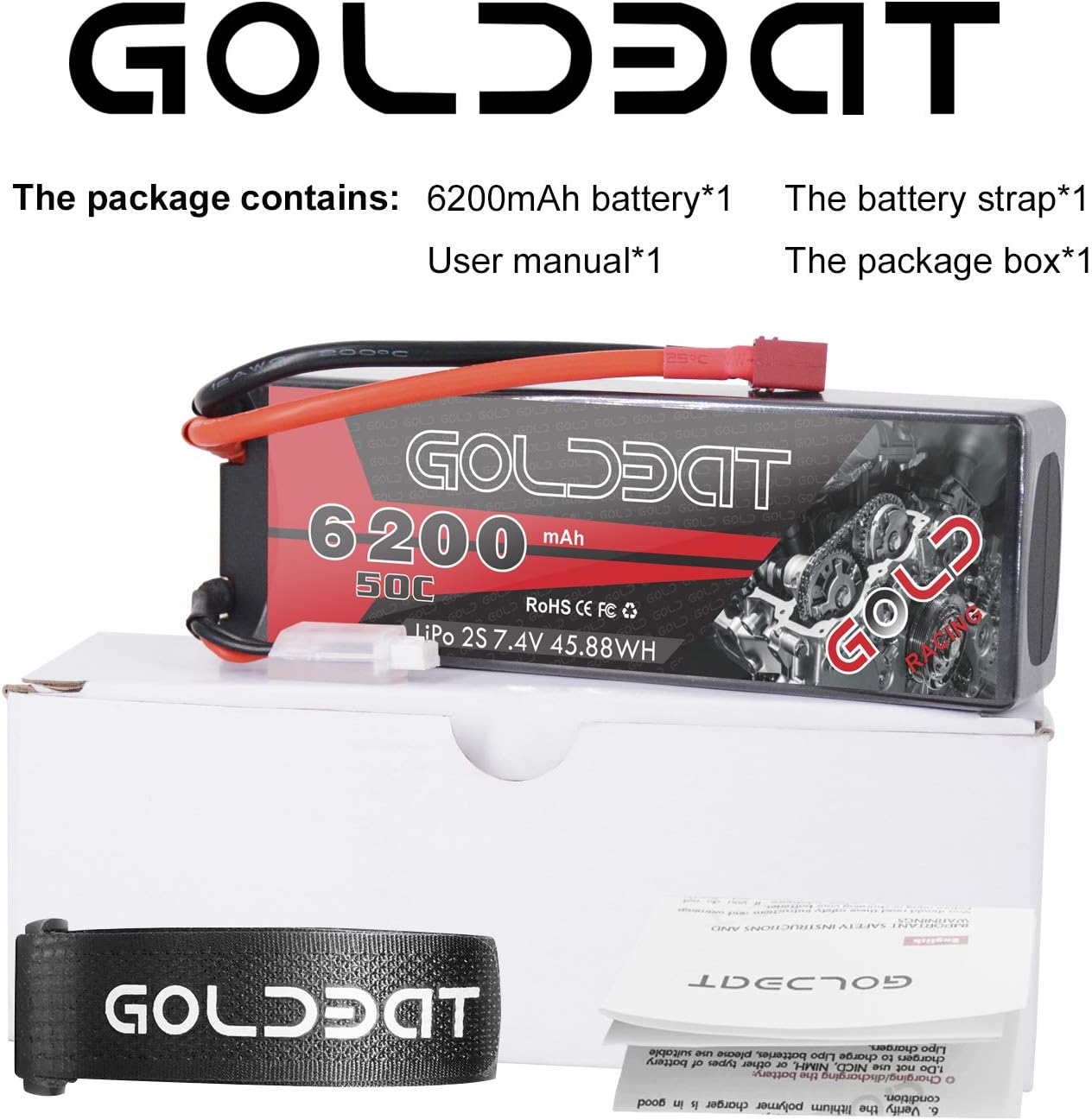GOLDBAT 6200mAh 7.4V 50C 2S Lipo RC Battery 2 Pack Hard Case with T Plug for RC Evader BX Car RC Truck RC Truggy RC Heli Airplane Drone