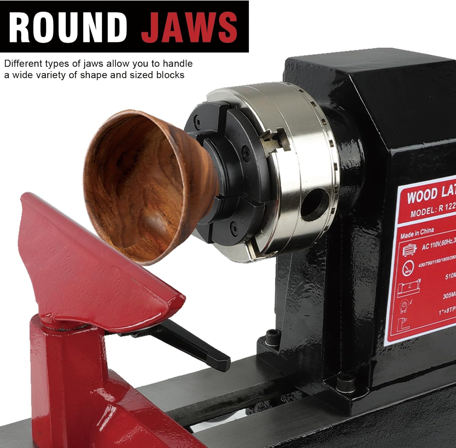Wood Lathe Machine with 5 Jaw Chuck Set, Wood Lathe Machine, 12 x 20 inch, 550W 3/4HP, 5 Speed Settings 600-2800 RPM Benchtop Leather,with Thickened Tool Rest