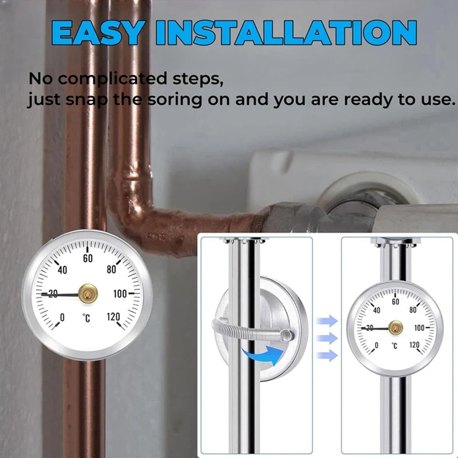 6 Stück Anlegethermometer Heizungsrohr,Temperaturanzeige Mit Clip-On Feder 0-120℃,Rohrthermometer 63 mm Rohr Thermometer,Heißes Wasser Rohr Thermometer,Zeigerthermometer für Rohre Kessel