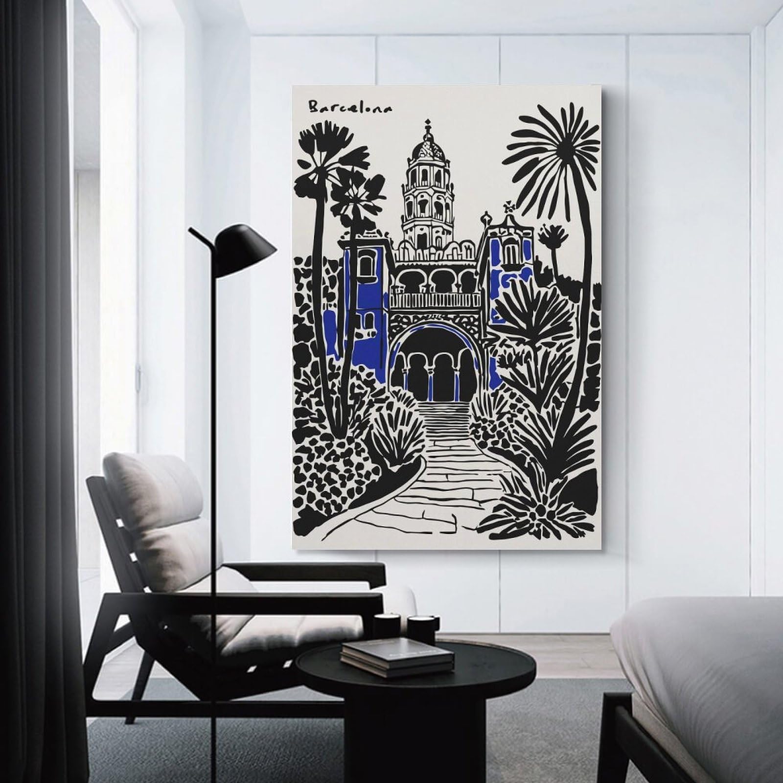 Junmoney Barcelona Landmark with Tropical Plants Decorative Canvas Print, 08x12inch(20x30cm), for Hallway, Entryway Or Landing, Home Artwork for First Impressions