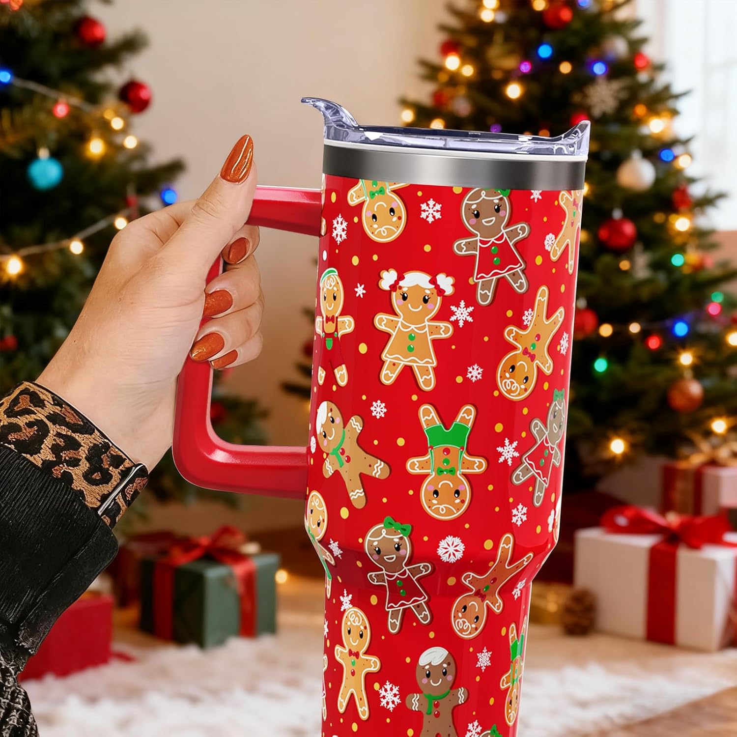 Christmas Gingerbread 40 oz Tumbler with Lid Handle and Straw Merry Christmas Stainless Steel Double Walled Insulated Cup Winter Holiday Xmas Travel Mug Gifts for Men and Women (1PC) - Image 7