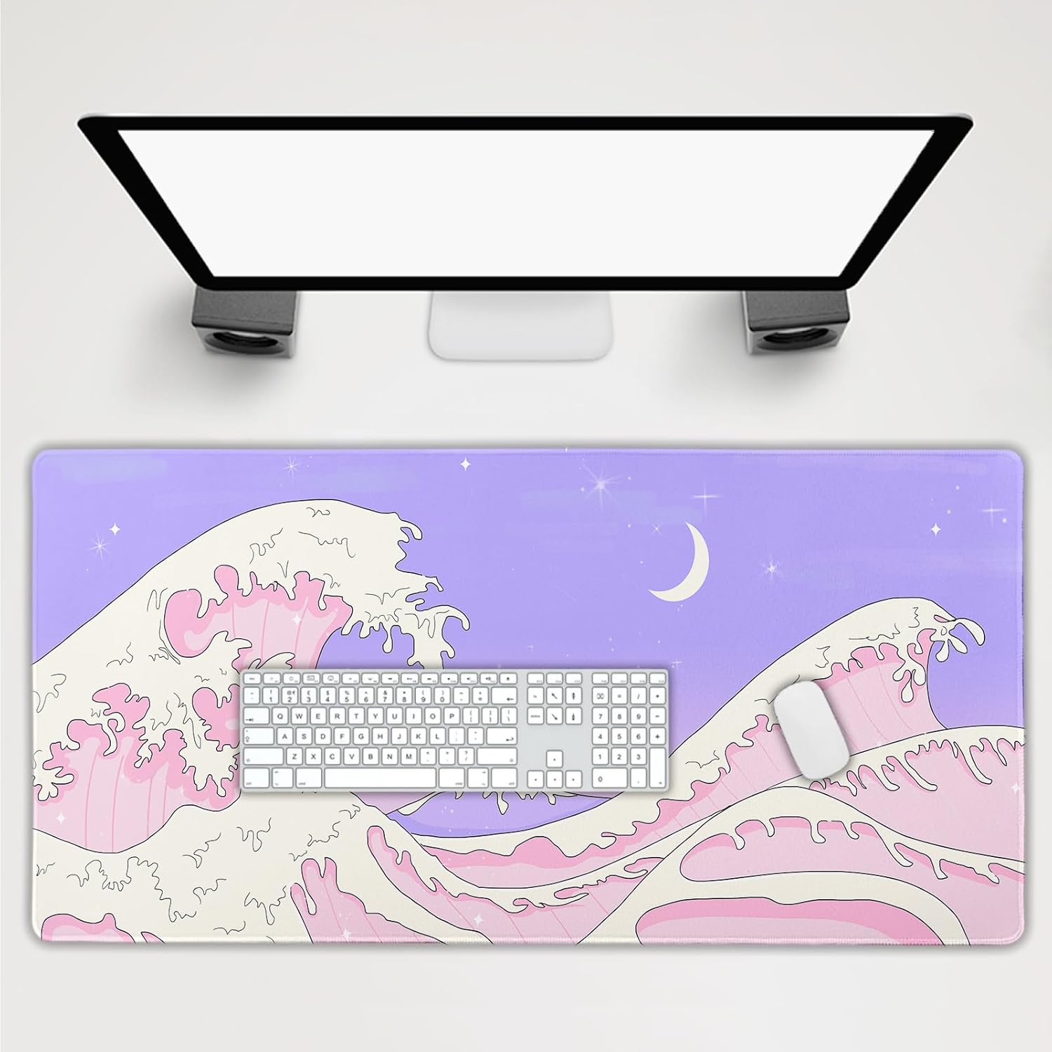 Pink Purple Japanese Anime Gaming Mouse Pad 3XL Cute Kawaii Aesthetic Sea Wave Extended Large Desk Mat Non-Slip Rubber Base Stitched Edge Long Keyboard Mousepad for Laptop,47.2x23.6 in,120x60cm